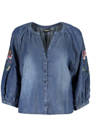 CAMISA COM BORDADO DESIGUAL MULHER AZUL