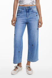 JEANS EM ALGODÃO DESIGUAL MULHER AZUL CLARO