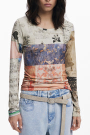 T-SHIRT COM LOGÓTIPO DESIGUAL MULHER BEGE