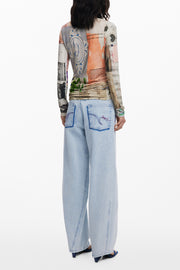 T-SHIRT COM LOGÓTIPO DESIGUAL MULHER BEGE